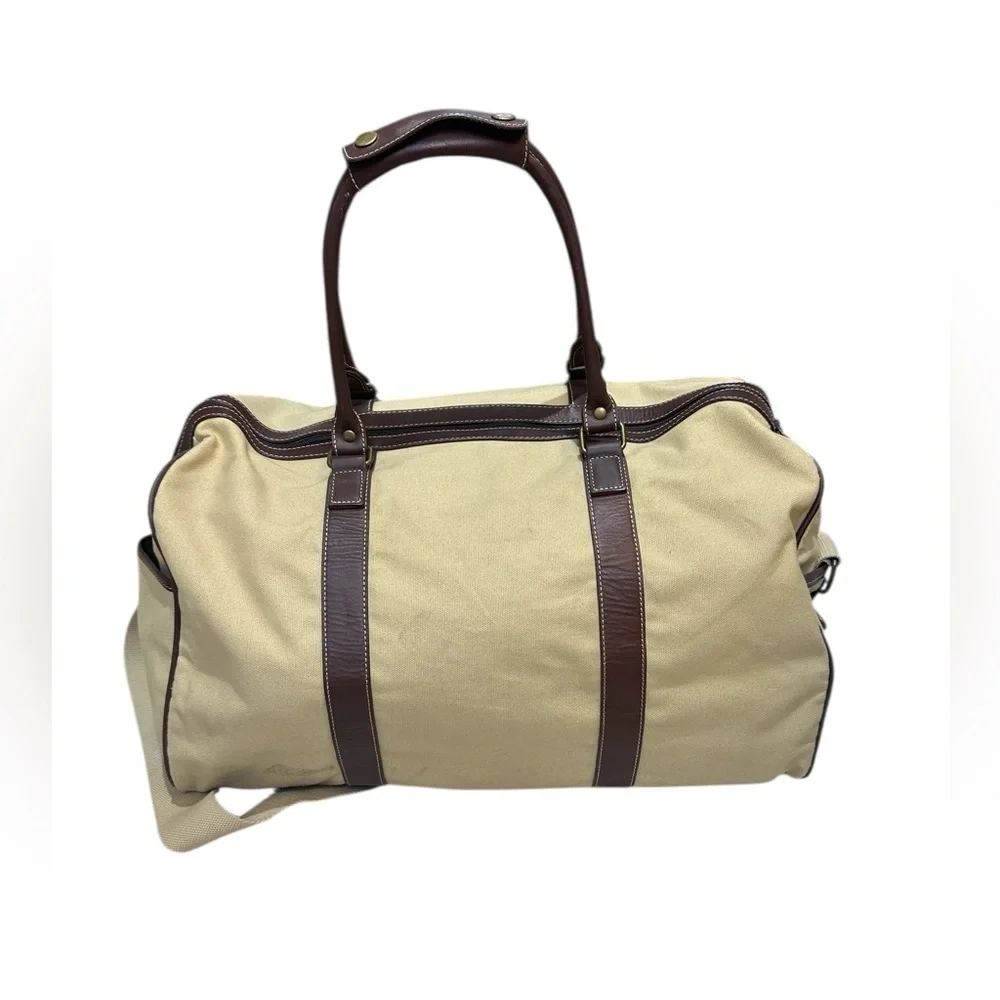 Vintage 1955 Disney Tan Canvas Duffel Bag with Leather Trim and shoulder strap